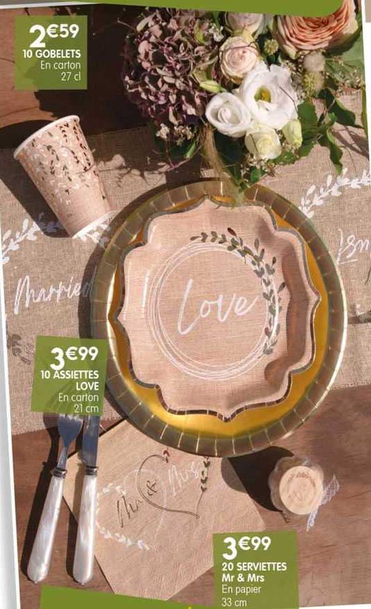 10 Gobelets En Carton 10 Assiettes Love 20 Serviettes Mr & Mrs