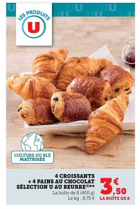 4 Croissants + 4 Pains Au Chocolat Sélection U Au Beurre