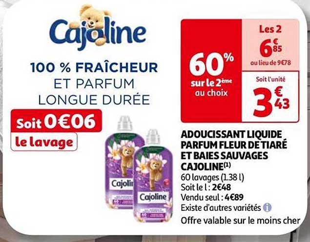 adoucissant liquide parfum fleur de tiaré et baies sauvages cajoline