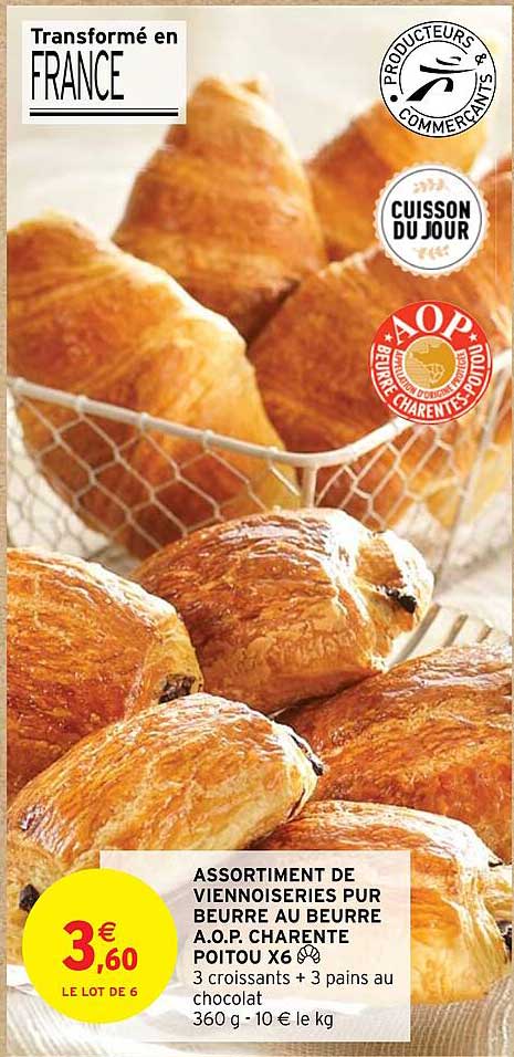 assortiment de viennoiseries pur beurre au beurre a.o.p. charente poitou x6
