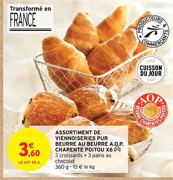 assortiment de viennoiseries pur beurre au beurre a.o.p. charente poitou x6
