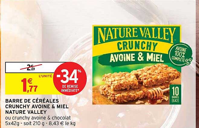barre de céréales crunchy avoine & miel nature valley