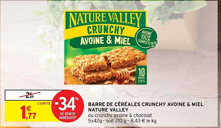 barre de céréales crunchy avoine & miel nature valley