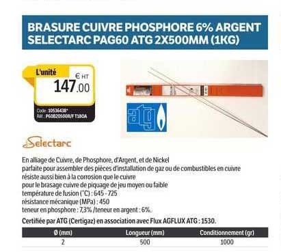 brasure cuivre phosphore 6% argent selectarc pag60 atg 2 x 500 mm (1 kg)