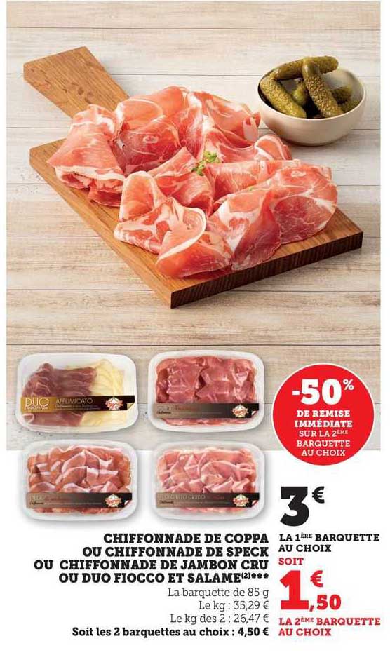 chiffonnade de coppa ou chiffonnade de speck ou chiffonnade de jambon cru ou duo fiocco et salame