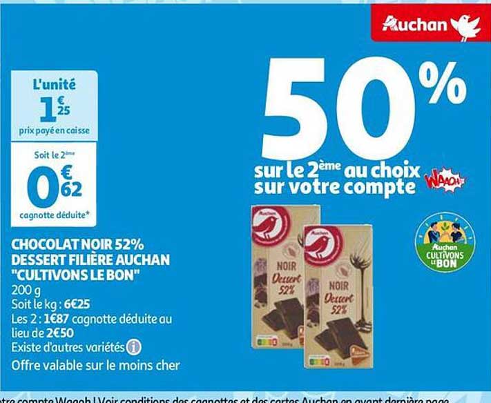 chocolat noir 52% dessert filière auchan "cultivons le bon"