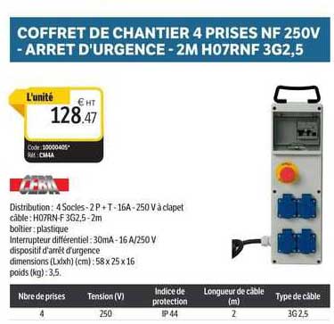 coffret de chantier 4 prises nf 250 v - arrêt d'urgence - 2 m h07rnf 3g2,5