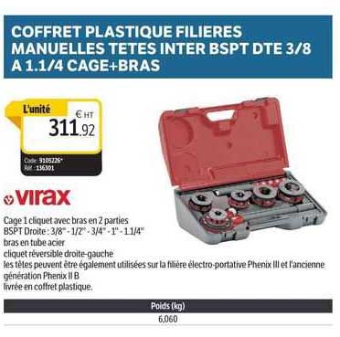 coffret plastique filières manuelles têtes inter bspt dte 3/8 à 1.1/4 cage + bras virax