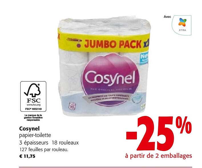 cosynel papier-toilette 3 épaisseurs 18 rouleaux