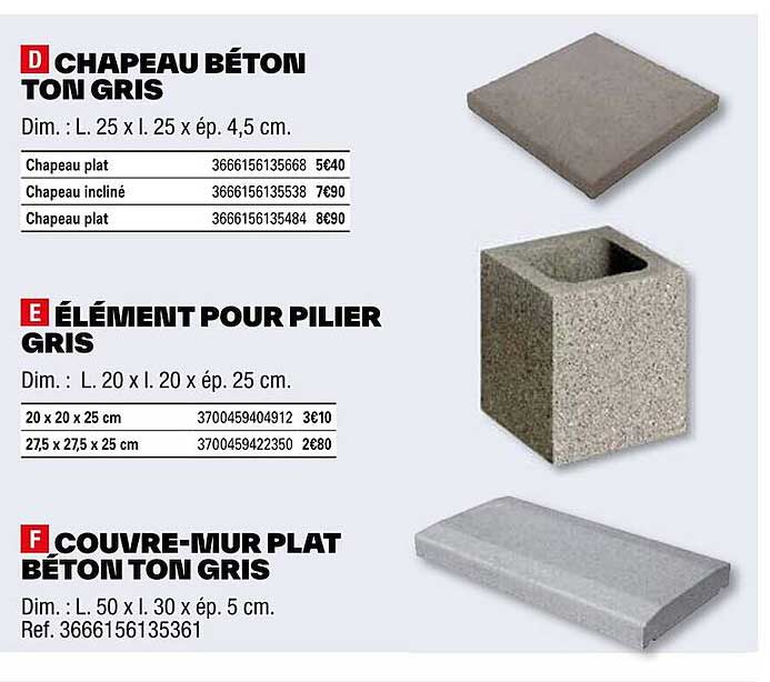 D- Chapeau Béton E- élément Pour Pilier Gris F- Couvre-mur Plat Béton Ton Gris