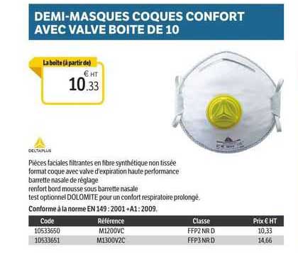 demi-masque coques confort avec valve boite de 10