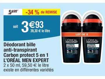 déodorant bille anti-transpirant carbon protect 5 en 1 l'oréal men expert