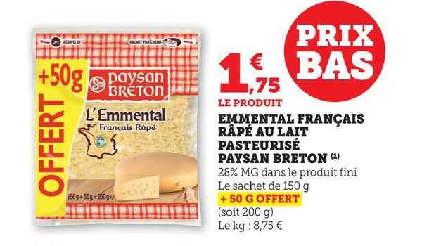 emmental français râpé au lait pasteurisé paysan breton