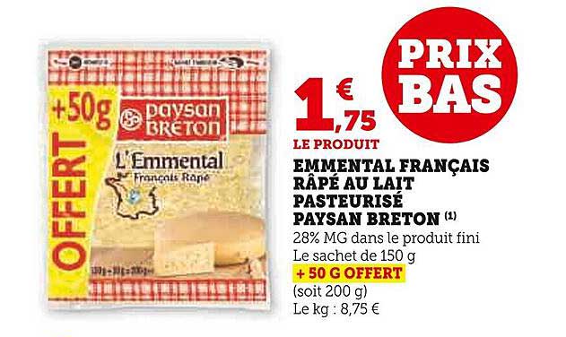 emmental français râpé au lait pasteurisé paysan breton