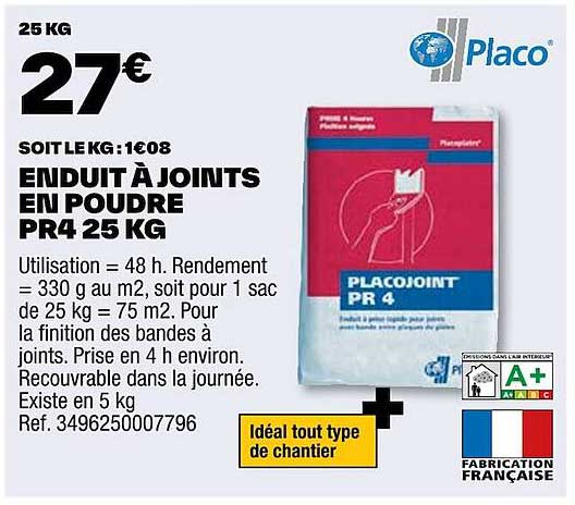enduit à joints en poudre pr4 25 kg placo