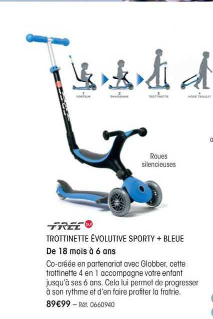 free trottinette évolutive sporty + bleue