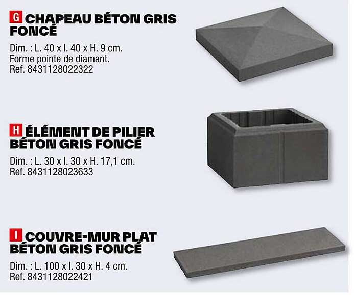 g- chapeau béton gris foncé h- élément de pilier béton gris foncé i- couvre-mur plat béton gris foncé
