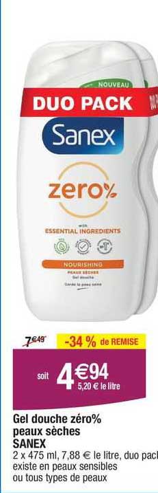 gel douche zéro% peaux sèches sanex