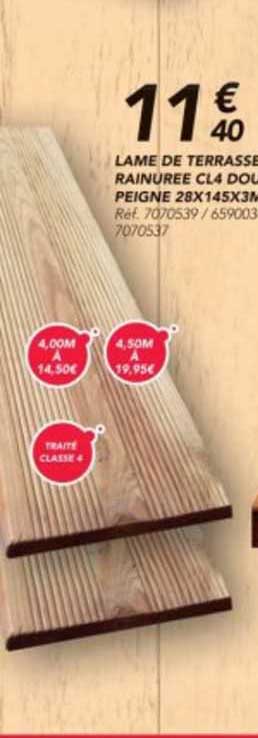 lame de terrasse rainurée cl4 doux peigne 28 x 145 x 3 m