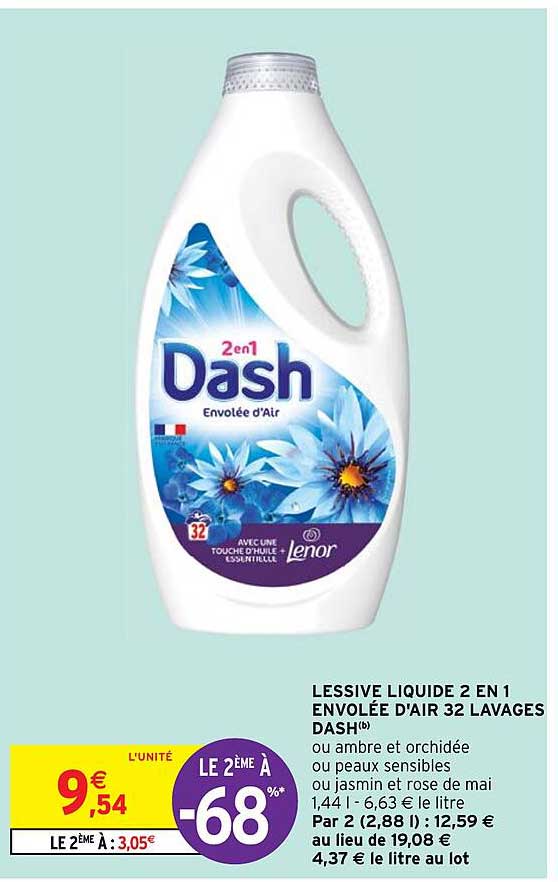 lessive liquide 2 en 1 envolée d'air 32 lavages dash