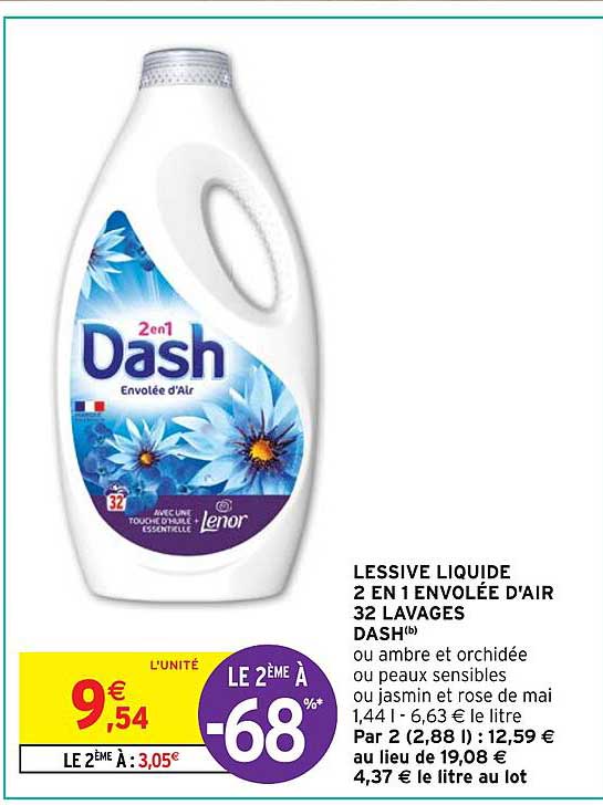 lessive liquide 2 en 1 envolée d'air 32 lavages dash