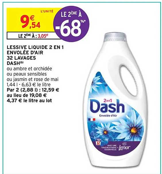 lessive liquide 2 en 1 envolée d'air 32 lavages dash