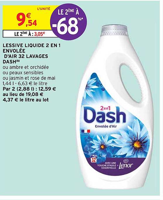 lessive liquide 2 en 1 envolée d'air 32 lavages dash