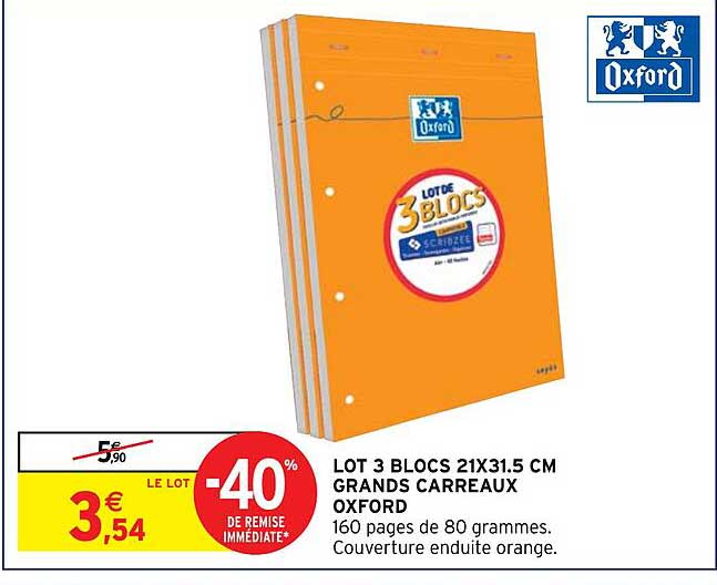 lot 3 blocs 21x31.5cm grands carreaux oxford