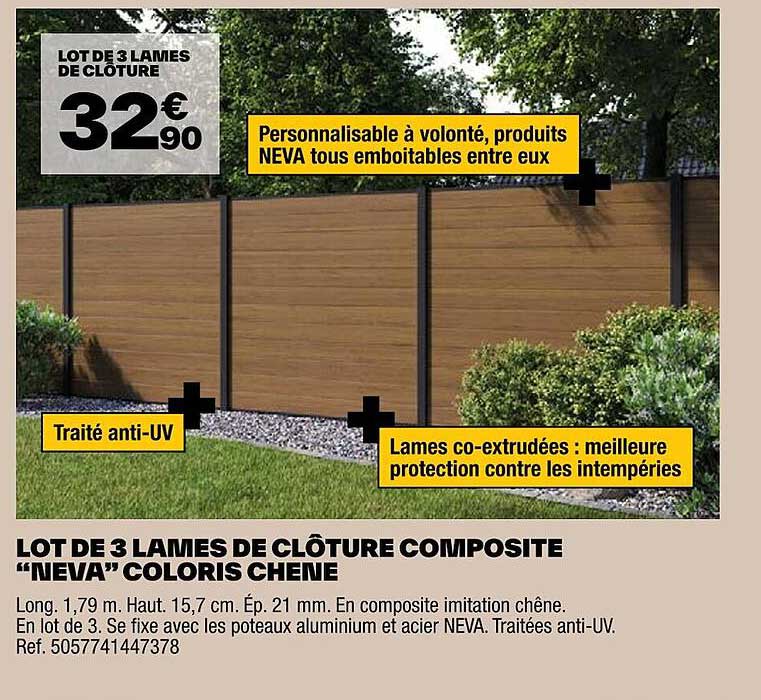 lot de 3 lames de clôture composite "neva" coloris chêne