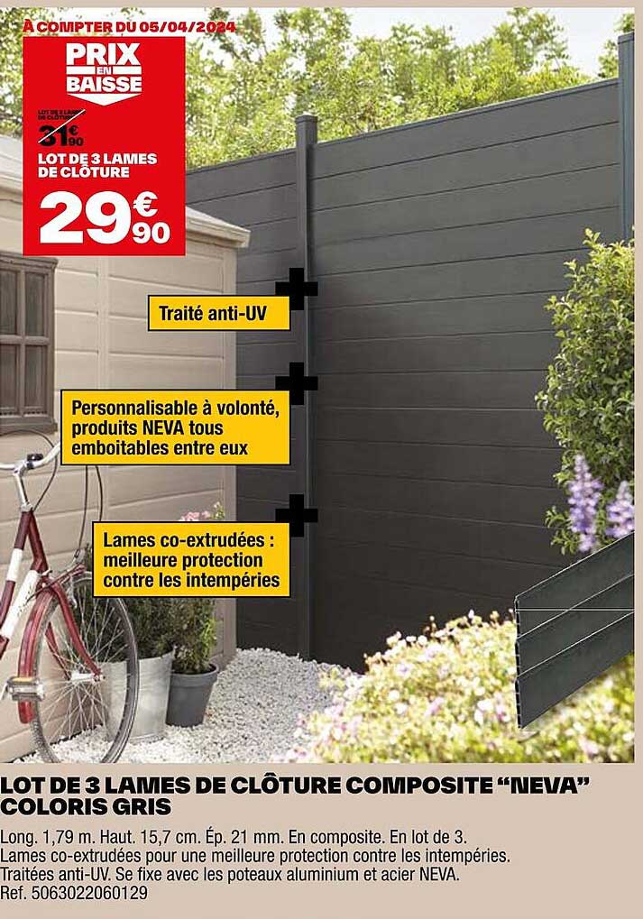 lot de 3 lames de clôture composite "neva" coloris gris