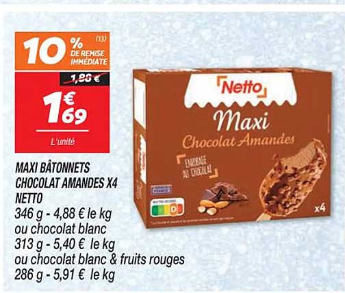 Maxi Bâtonnets Chocolat Amandes X4 Netto