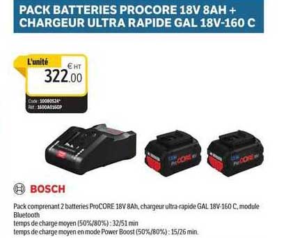 pack batteries procore 18 8ah + chargeur ultra rapide gal 18v-160c bosch