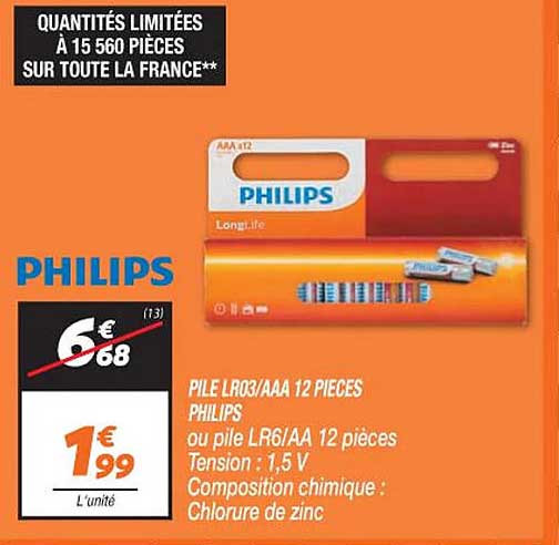 pile lr03-aaa 12 pièces philips