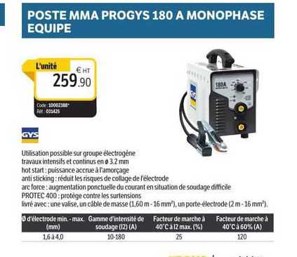 poste mma progys 180 à monophase équipe gys