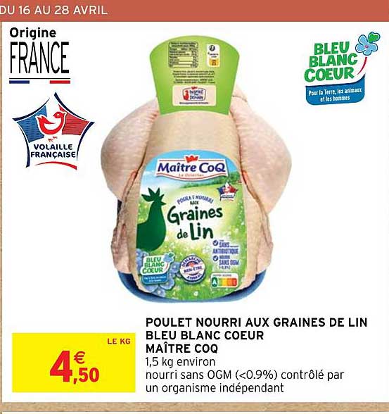 poulet nourri aux graines de lin bleu blanc cœur maître coq
