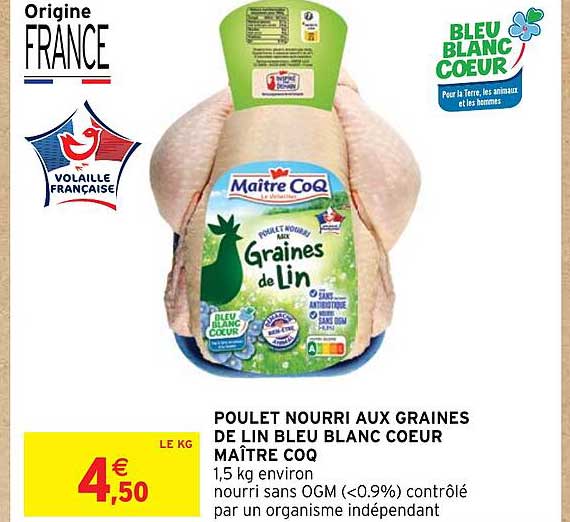 poulet nourri aux graines de lin bleu blanc cœur maître coq