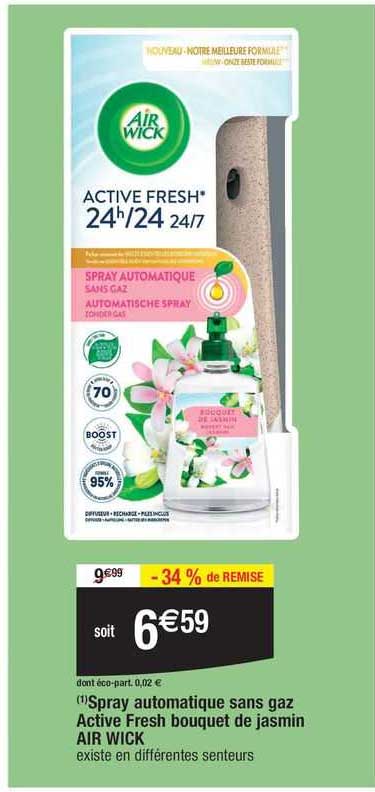 spray automatique sans gaz active fresh bouquet de jasmin air wick