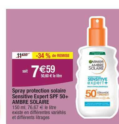 spray protection solaire sensitive expert spf 50+ ambre solaire