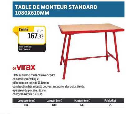 table de monteur standard 1080 x 610 mm virax