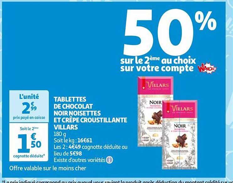 tablettes de chocolat noir noisettes et crêpe croustillante villars