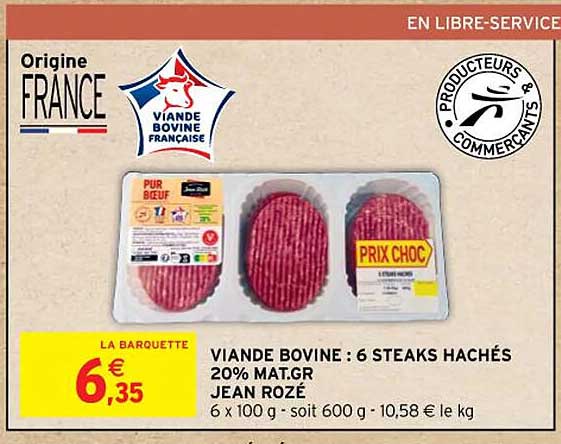 viande bovine : 6 steaks hachés 20% mat. gr. jean rozé