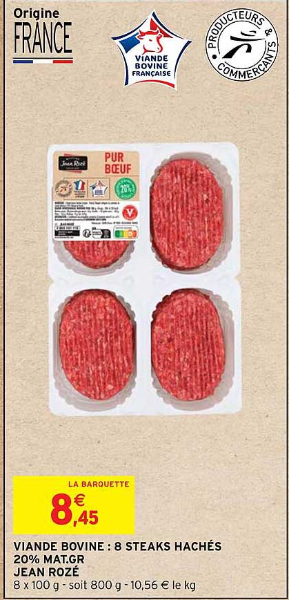 viande bovine : 8 steaks hachés 20% mat. gr. jean rozé