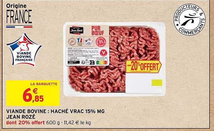 viande bovine : haché vrac 15% mat. gr. jean rozé