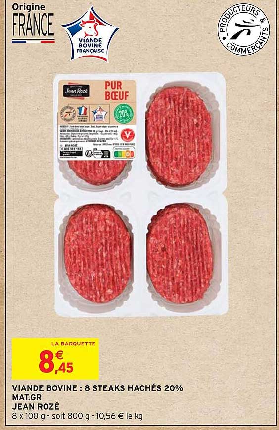 viande bovine: 8 steaks haché 20% mat.gr jean rozé