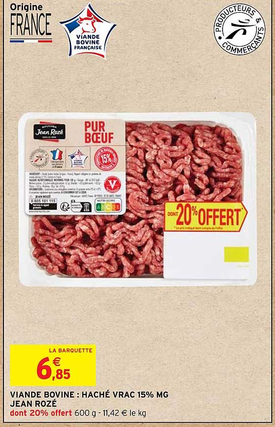 viande bovine: haché vrac 15% mg jean rozé