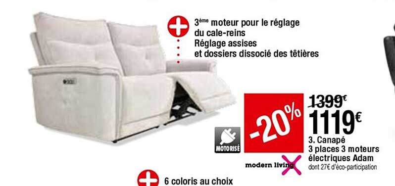 canapé 3 places 3 moteurs électriques adam