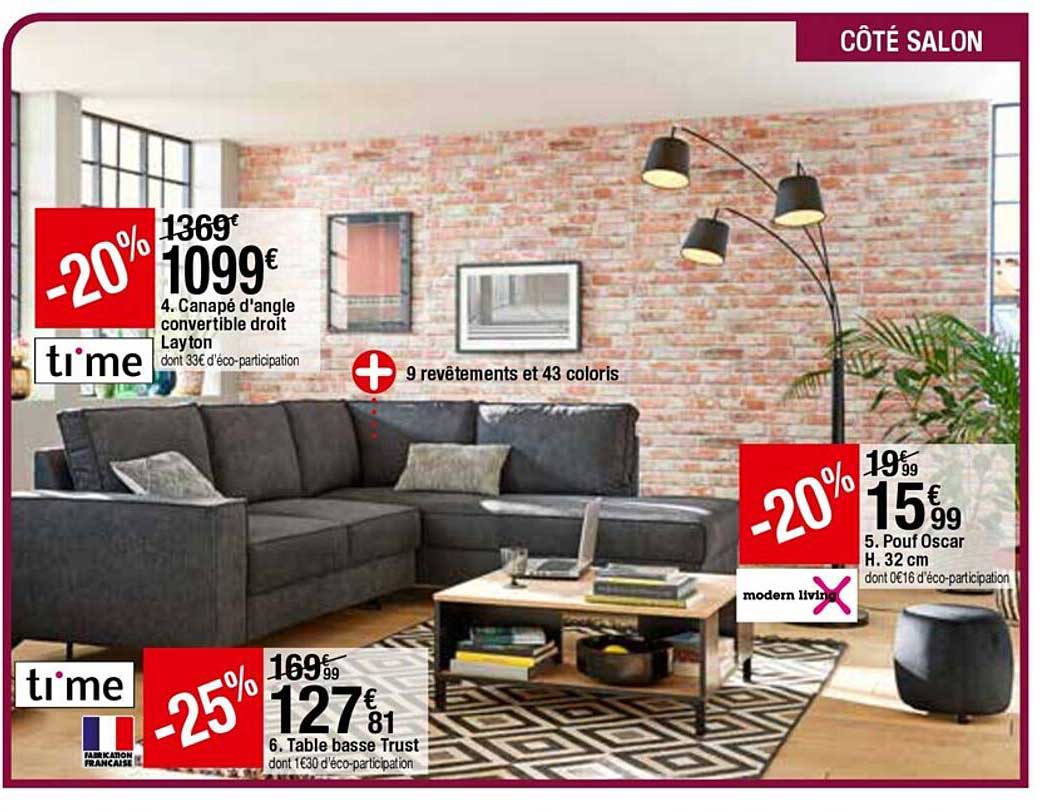 canapé d'angle convertible droit layton, table basse trust, pouf oscar h. 32 cm