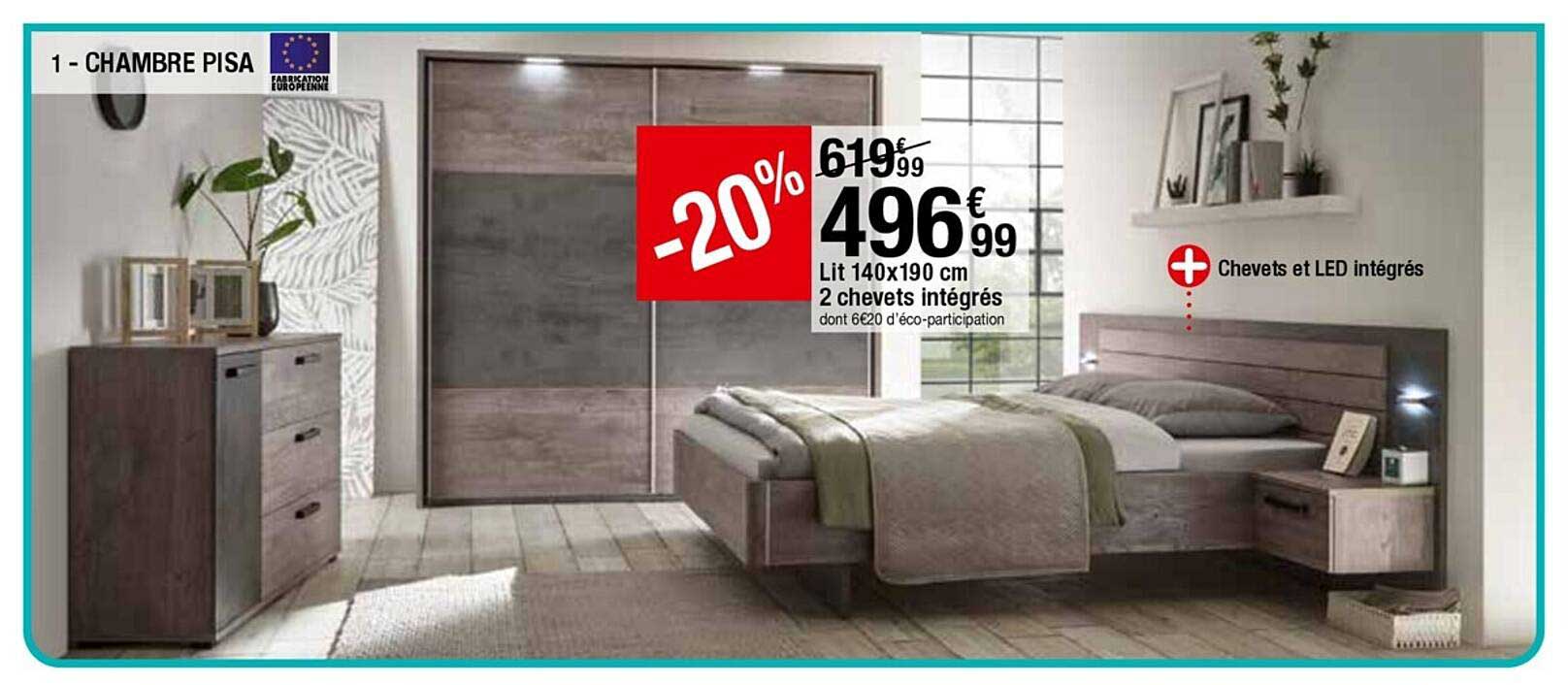 chambre pisa : lit 140 x 190 cm 2 chevets intégrés