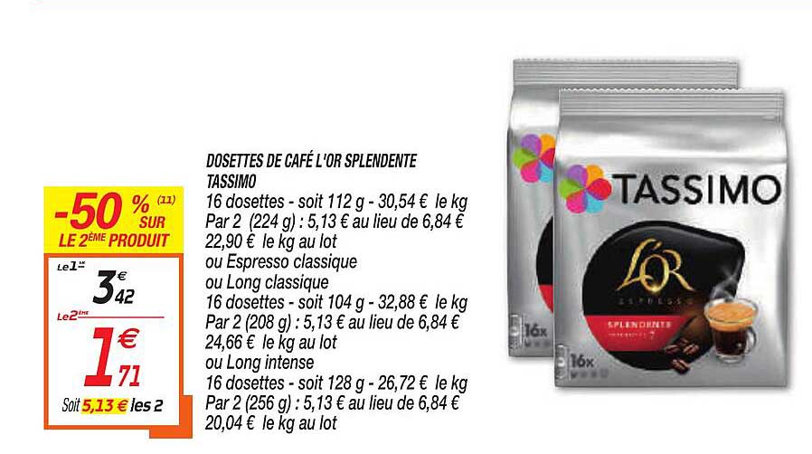 Dosettes De Café L'or Splendente Tassimo -50% Sur Le 2ème Produit