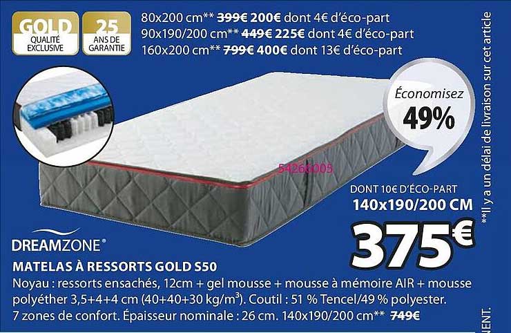 dreamzone matelas à ressort gold s50